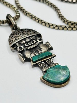 Vintage 835 Silver Chrysocolla Turquoise Tribal Peruvian Tumi Pendant Necklace