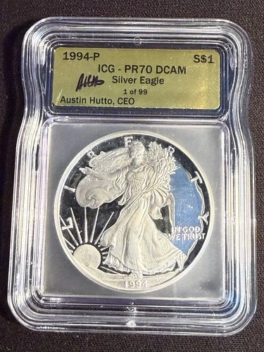 1994P PROOF SILVER EAGLE ICG PR70 DCAM AUSTIN HUTTO SIGNED GOLD LABEL 1 Of 99