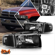 For 94-02 Dodge Ram 1500-3500 Black Housing Headlight Clear Corner Signal Lamps