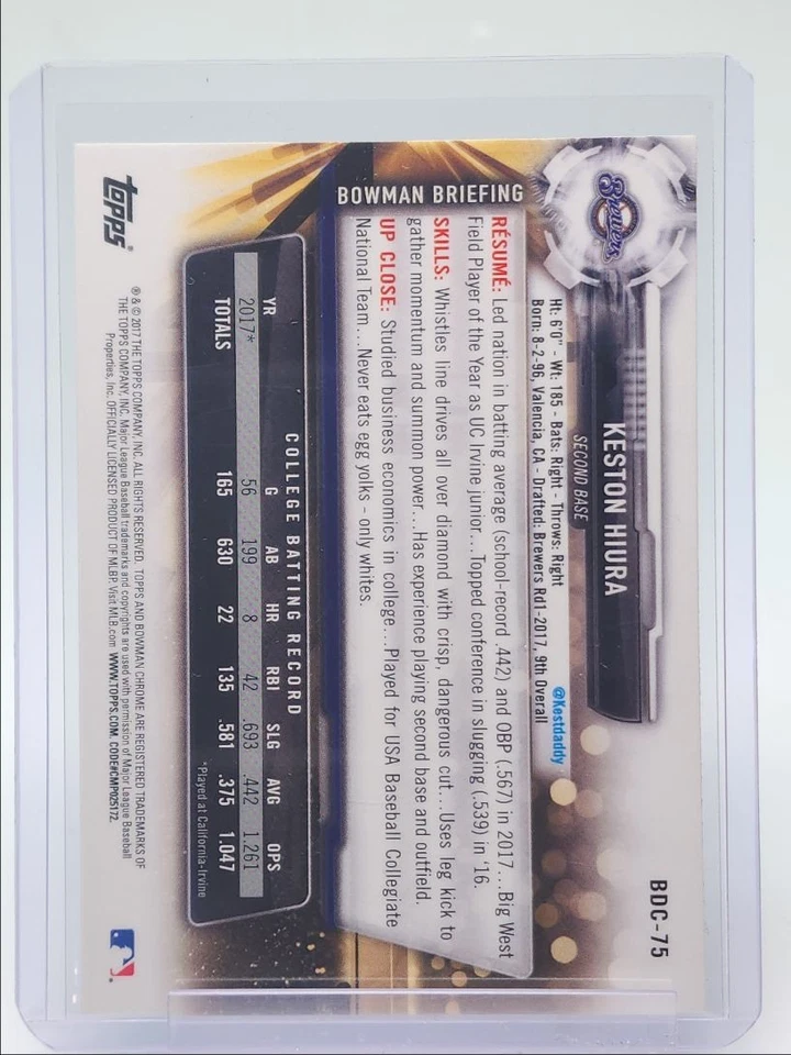 KESTON HIURA 2017 BOWMAN CHROME DRAFT 1ST BASEBALL BREWERS Q0333 - Image 2 of 2