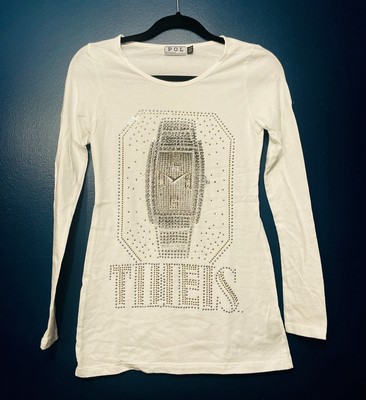 POL Women's Small Time.Is Watch Graphic Long Sleeve Top w Gold /Silver Accents