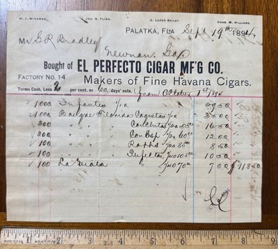 1894 billhead El Perfecto Cigar Mfg Co Havana Cigars Palatka FL Flinn Hilliard