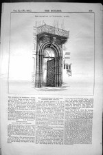 Antigua impresión antigua puerta pórfido Turín Italia arquitectura 1852 constructor siglo XIX