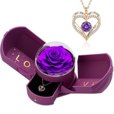 Valentines Day Gift Preserved Purple Rose with Heart Necklace Real Flower
