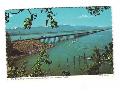 Long bridge leading to Sandpoint ID over Lake Pend OREILLE VTG postcard UNP