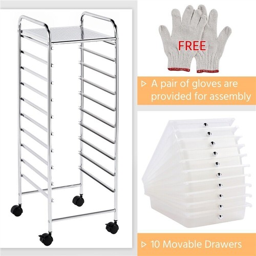 White 10 Drawer Rolling Storage Cart Organizer w/ Lockable Wheels File Cabinets - Picture 8 of 11