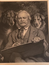 GRAND ANCIEN RARE AUTOPORTRAIT SIGNÉ E. LANDSEER AVEC CHIENS 1867 LÉVRIER SETTER