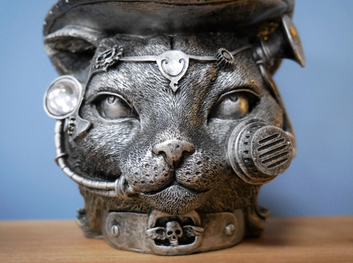 Steampunk Gothic Fantasy Themed Metallic Cat in Hat Decorative Ornament Statue - Picture 2 of 6