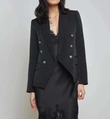 Mujeres L'AGENCE Kenzie Doble Pecho Blazer Abrigo Chaqueta Negro/Cepillado Gunmetal - Imagen 1 de 8