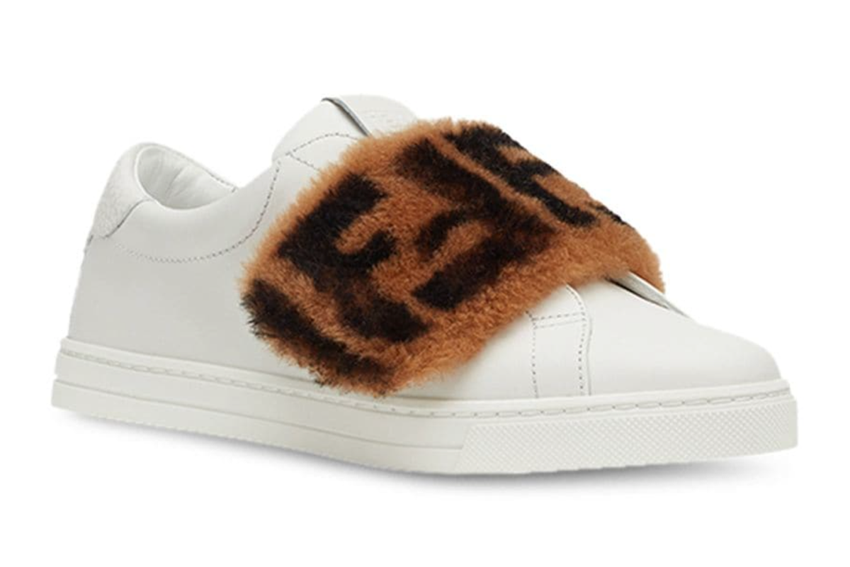 Fendi White Leather Brown Fur Logo FF Zucca Low Top Slip On