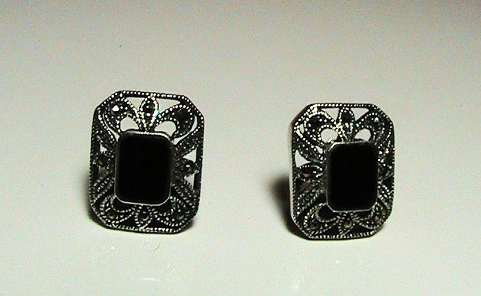 Vintage Silver 925 Earrings Rectangular Black Ony… - image 1