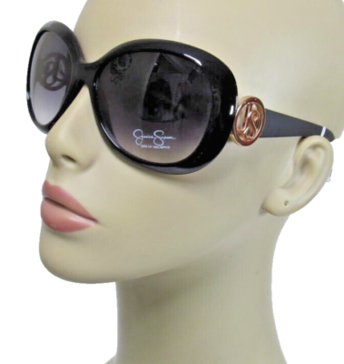 JESSICA SIMPSON Black Oversized Oval Sunglasses Gold Cutout Logos