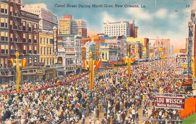 New Orleans Louisiana Mardi Gras Parade Crowds Float Canal St 1952 Postcard