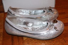 NIB Michael Kors Silver Glitter Ballet Flats Girls sz 2 Youth bow heart charm