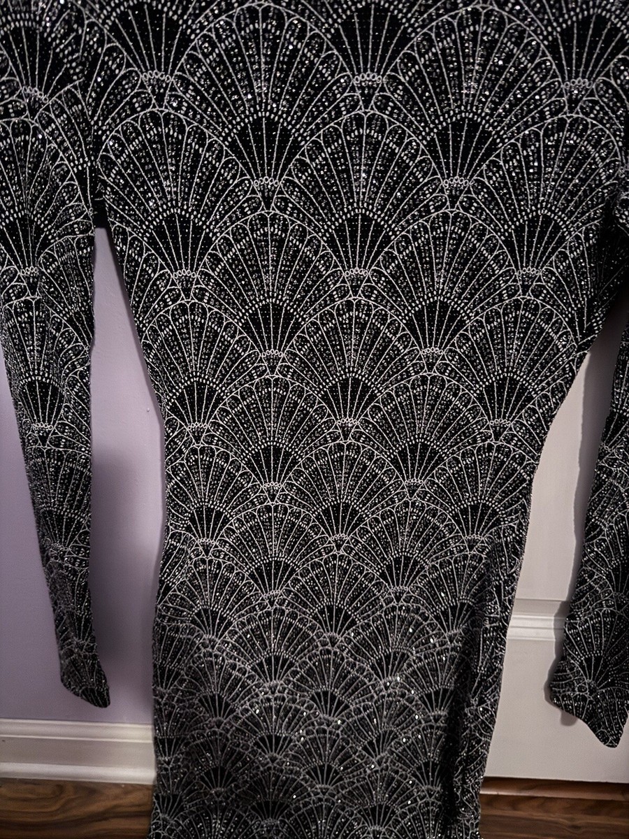 H&M Long Sleeve Sparkly Glitter Body Fitted Black & Silver Mini Dress Size  4 | eBay