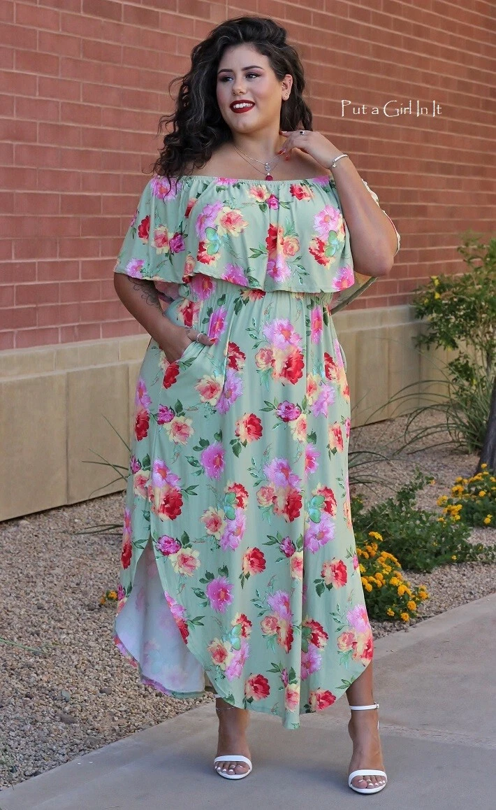 New PLUS SIZE Womens SOFT SAGE FLORAL OFF SHOULDER MAXI DRESS