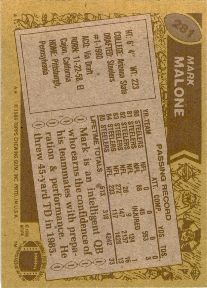 1986 TOPPS. MARK MALONE. PITTSBURGH STEELERS #281 - Image 2 of 2