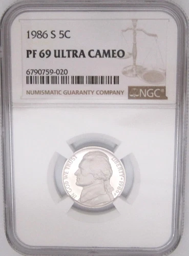 1986-S Jefferson Nickel NGC PF69 UCAM Graded ULTRA CAMEO PROOF =Flashy Bright 5c