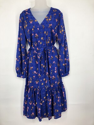 NWT Draper James Blue Floral Tie Waist MIDI Dress Size L Originally $78 Prairie