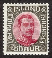 ICELAND 1920, SC-125, F MLH* 50 aur, Wide Lines  scv $190.00  *Bay Stamps*