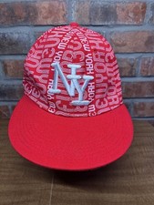 Vintage New York All Over Print Red White Fitted 7 3/4 Made In USA Hat