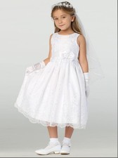 110 Girls White First Communion Dress w/ Embroidered Organza