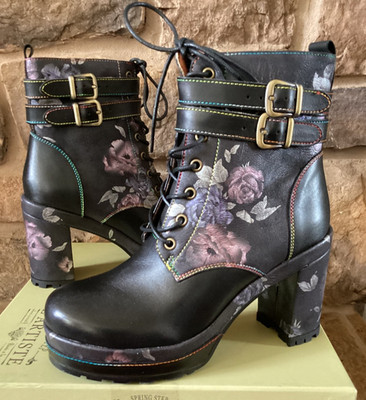 Spring Step L'Artiste Willaria Women 5.5-6 Platform Booties Purple Floral Black