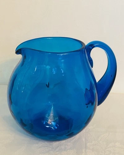 Vintage Blenko Cobalt Blue Dimpled Squat Pitcher Hand Blown Art Glass 6.75”H
