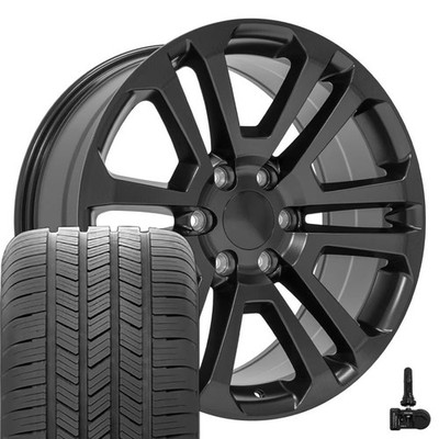 20x9 Black 4741 Rims, Goodyear Tires & TPMS Set Fits Silverado Tahoe