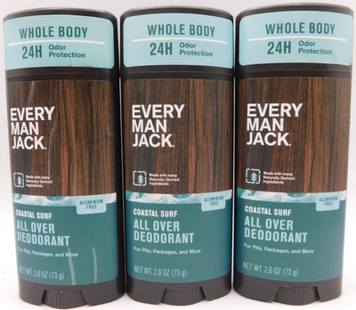 3PK Every Man Jack All Over Deodorant Coastal Surf 2.6oz EACH New & Unused