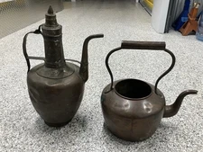 Antique Middle Eastern Copper Ewer And Vintage Copper Tea Kettle