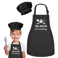Kids Apron and Chef Hat Set, Grill Maestro in Training Funny Child Apron with...