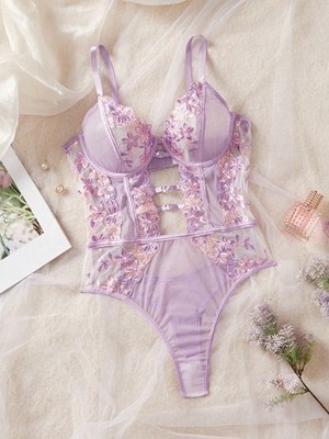 Women sexy lingerie with flowers embroidery elegant mesh bodysuit cheap24