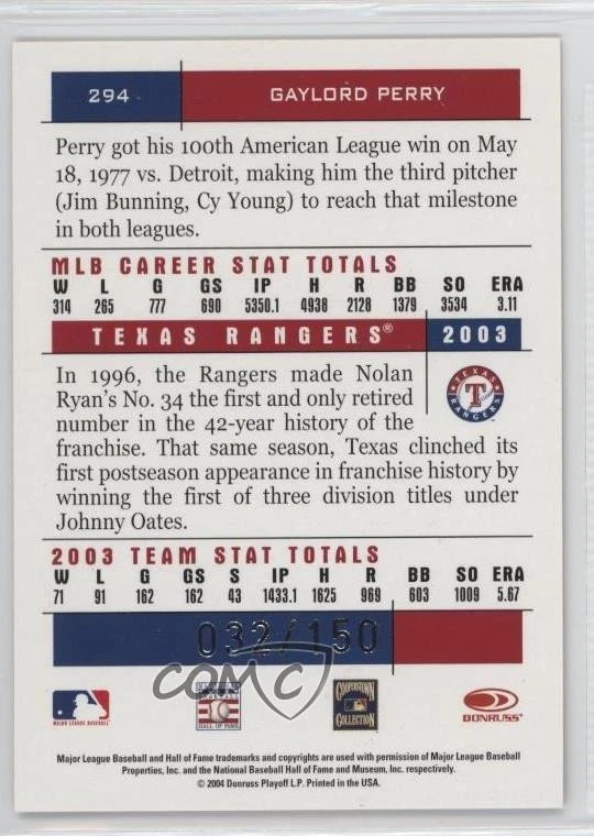 2004 Donruss Team Heroes Showdown Bronze /150 Gaylord Perry #294 HOF - Image 2 of 2