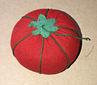 Vintage Collectible Tomato Pin Needle Cushion Holder Red/Green Fabric Flower Sew — photo 1