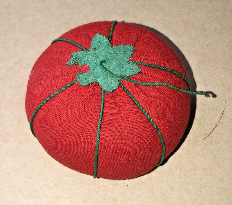 Vintage Collectible Tomato Pin Needle Cushion Holder Red/Green Fabric Flower Sew