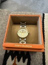 Tory Burch Miller Analog Dress Watch Gold Silver Metal Bracelet White Logo Dial