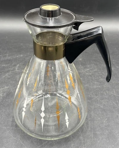 PYREX Glass Coffee Pitcher White Gold Diamond Vintage Retro MCM 12 Cup 10"