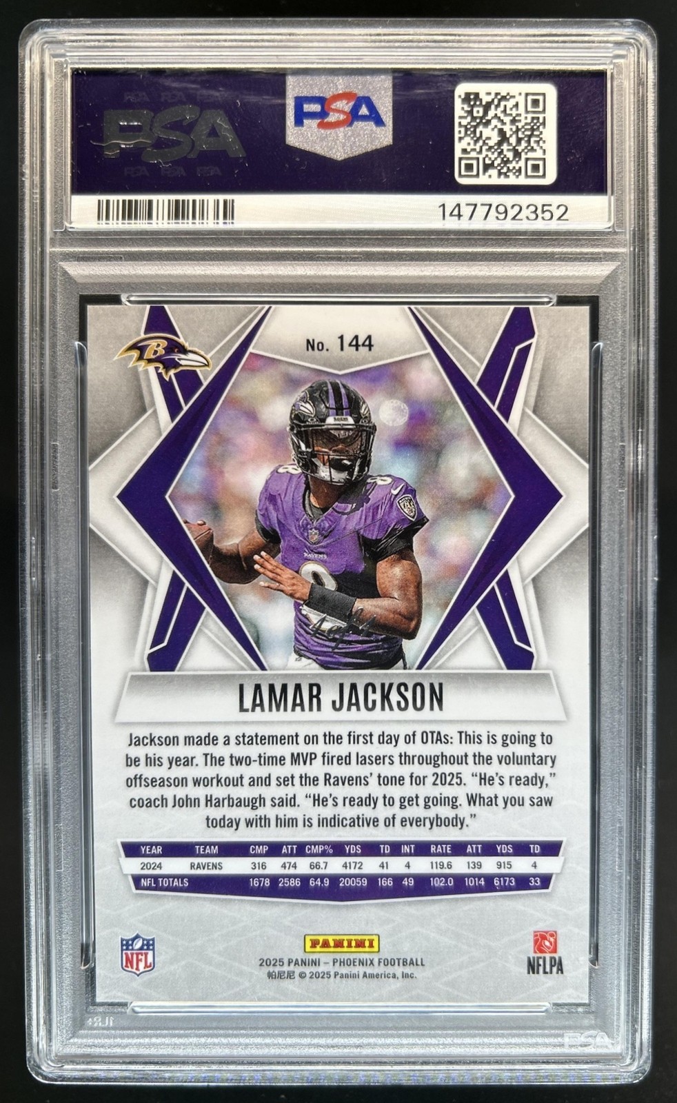 2025 Panini Phoenix Lamar Jackson Black Seismic Prizm #1/1 Ravens PSA 9 view 2