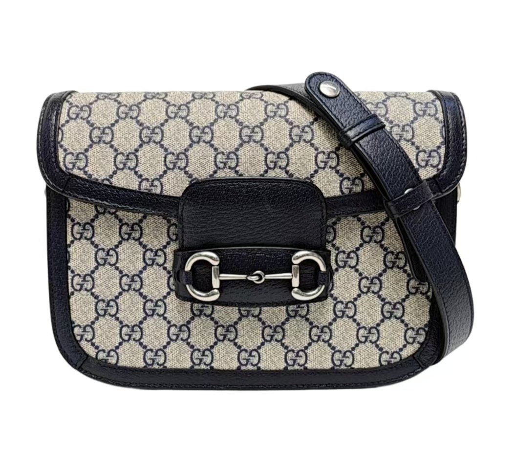 Gucci Horsebit 1955 Small Shoulder Bag GG Canvas Blue Leather GHW