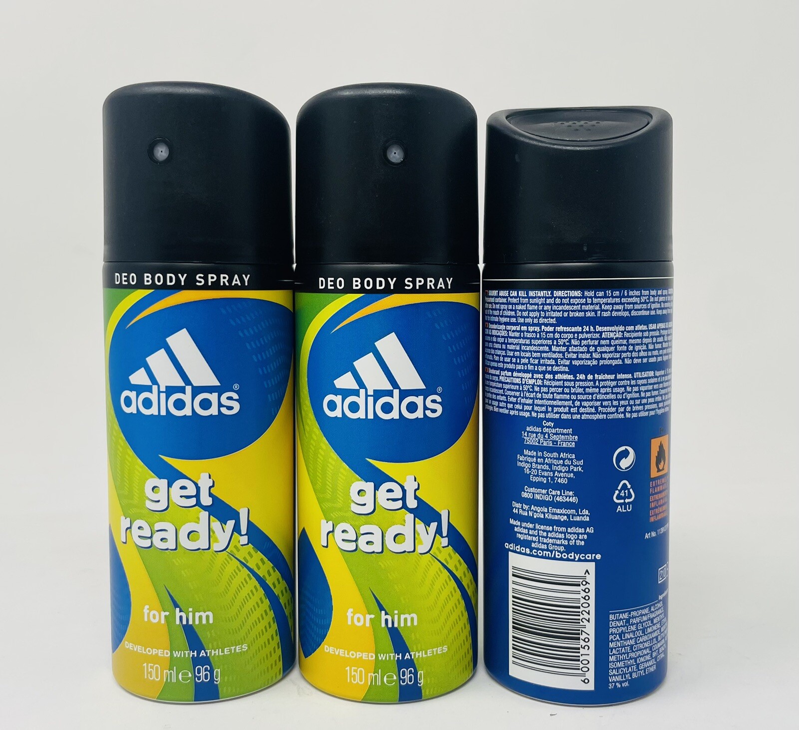 adidas DEO BODY SPRAY get ready for him { PACK OF 3} 150 ml each FREE