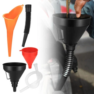 5x Fuel Funnels Set Plastic Long Neck Oil Funnels with Detachable Spout & Filter - Image 1 of 4