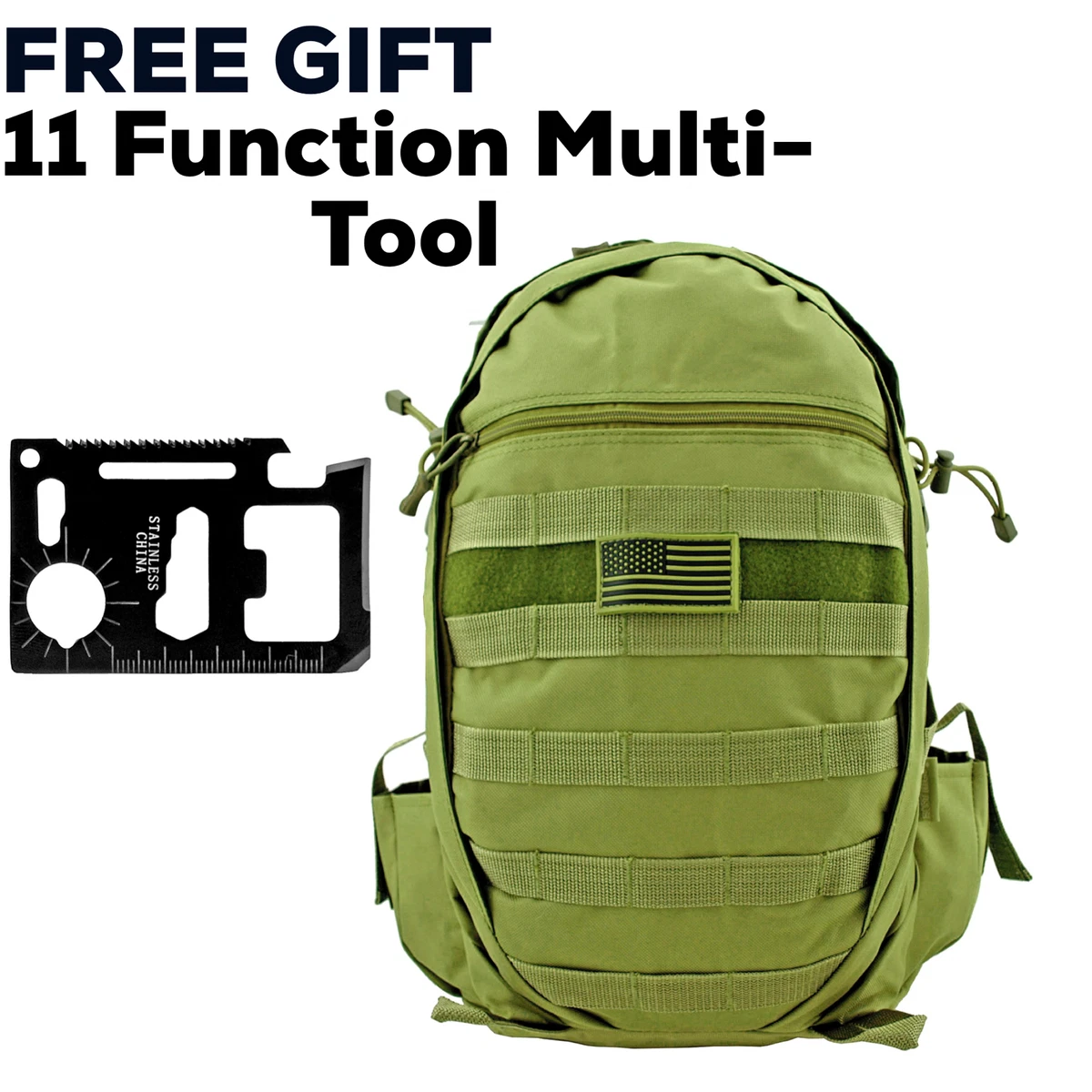 Army Tactical Bug Out Backpack - MOLLE -Olive Green Military Style FREE  GIFT