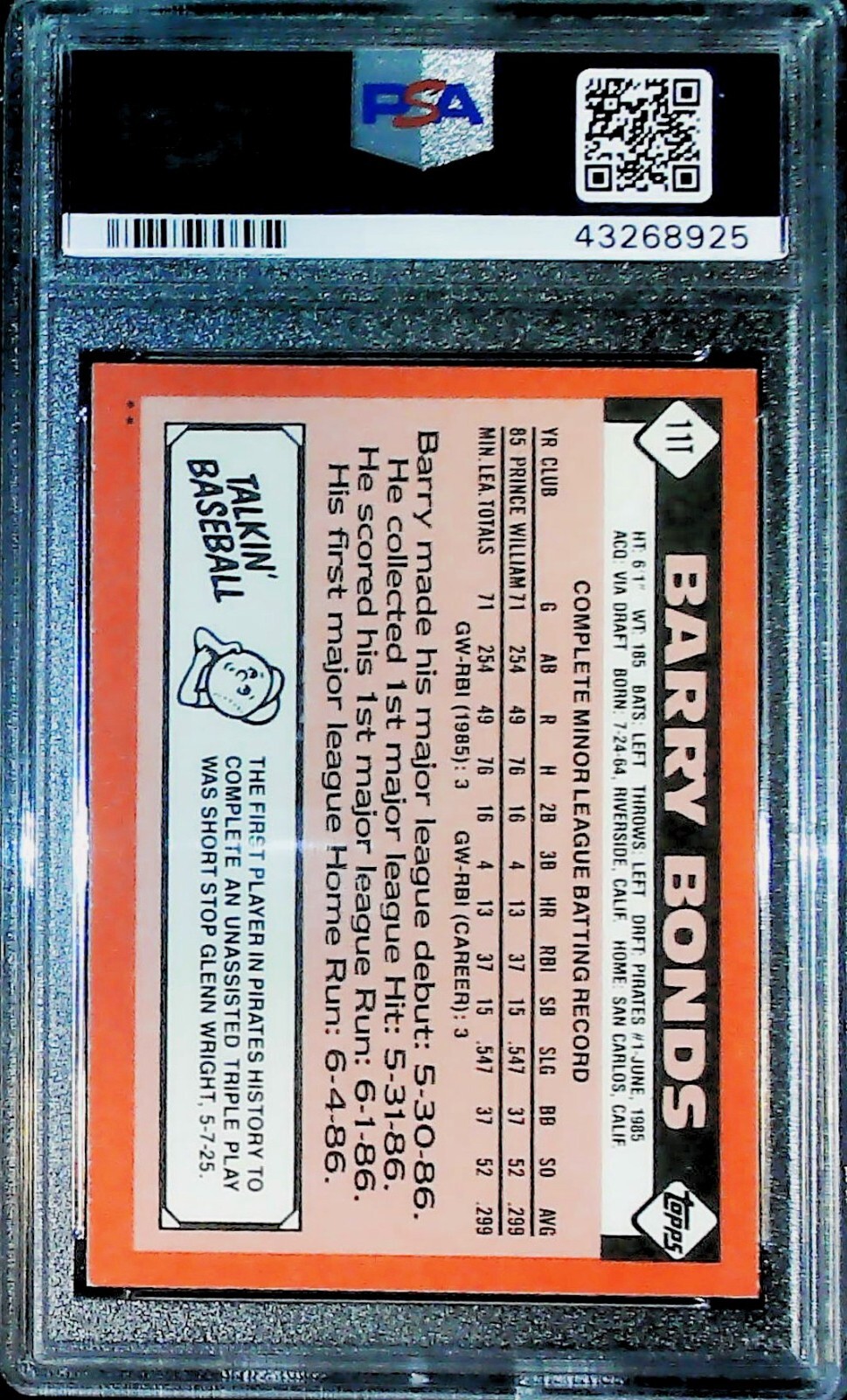 1986 TOPPS TRADED BARRY BONDS #11T ROOKIE CARD PIRATES MINT PSA 9 view 2