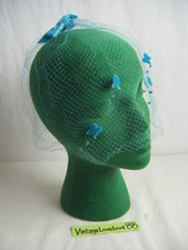 Vtg 60s Blue Velvet Bows Felt Dots butterflies Veil Net Hat-15" diameter