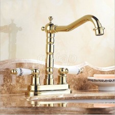 Polished Gold Brass Dual Handle Swivel Spout Kitchen Sink Bathroom Mixer Faucet