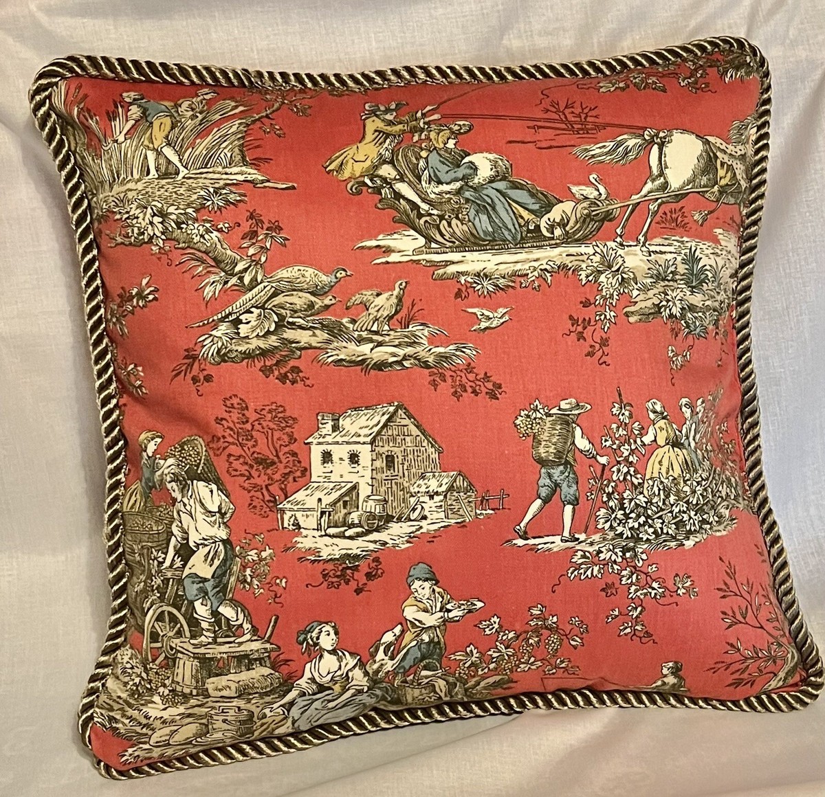 French Country Cottage Pillow Blue Red Beige Toile Farm House