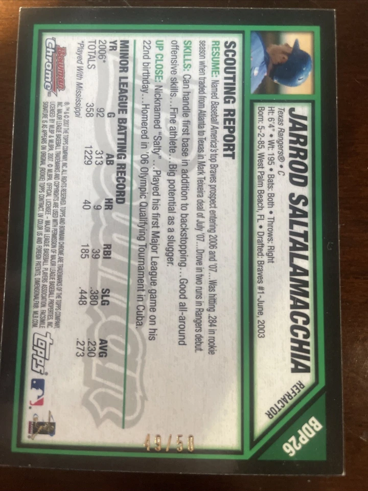 💎 JARROD SALTALAMACCHIA 2007 BOWMAN CHROME GOLD REFRACTOR SP RC /50 MLB - Image 2 of 3