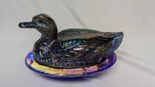 Westmoreland Glass Aroura Blue Carnival Duck On Rim Base Candy Dish