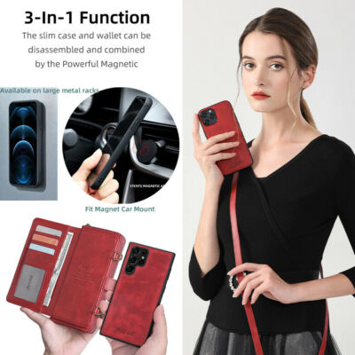 For Galaxy S22 Ultra PU Leather Wallet Zipper Magnetic Flip Cover Card Case